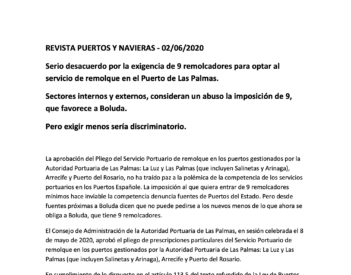 Serio desacuerdo por la exigencia de 9 remolcadores para optar al servicio de remolque en el Puerto de Las Palmas.